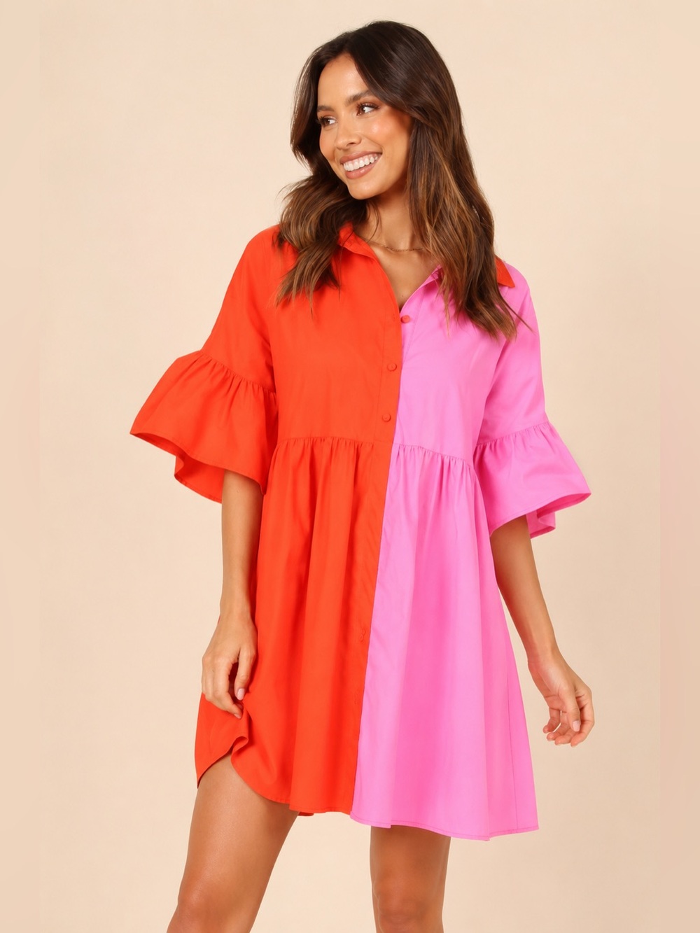 BiBi Colorblock Collared Button Front Babydoll Dress EUC Color:Red & Pink Sz:Med